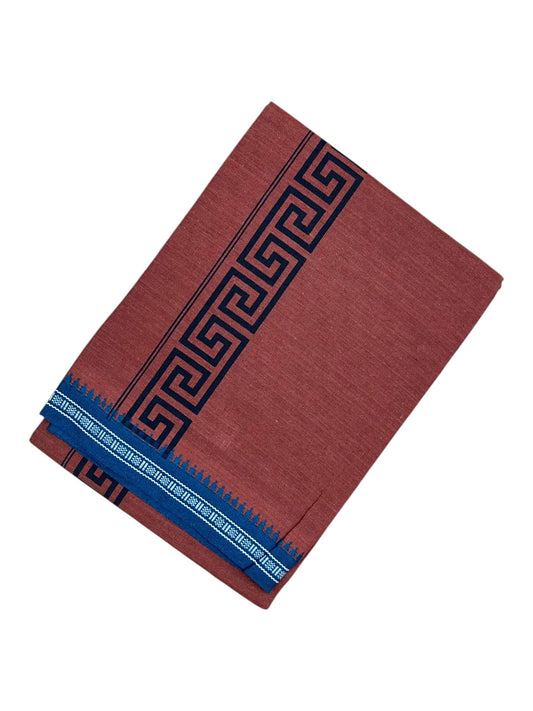Southloom Saffron (Kaavi) Blue Printed Single Mundu / Lungi (South Indian Kerala Dhoti)