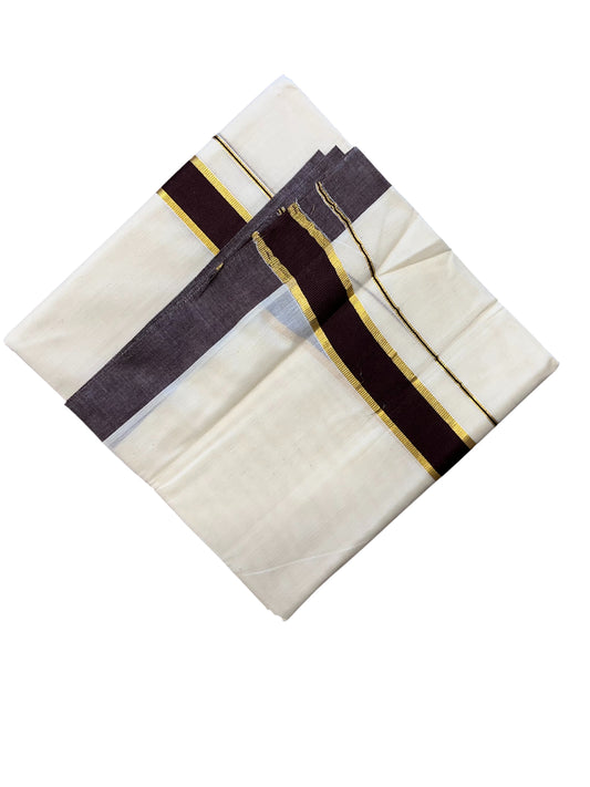 Southloom Pure Cotton Mundu with Gold Kasavu and Brown Colour Border (South Indian Kerala Dhoti)
