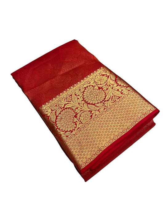 Southloom Pure Handloom Bridal Kanchipuram Silk Saree with Korvai Work (Red)
