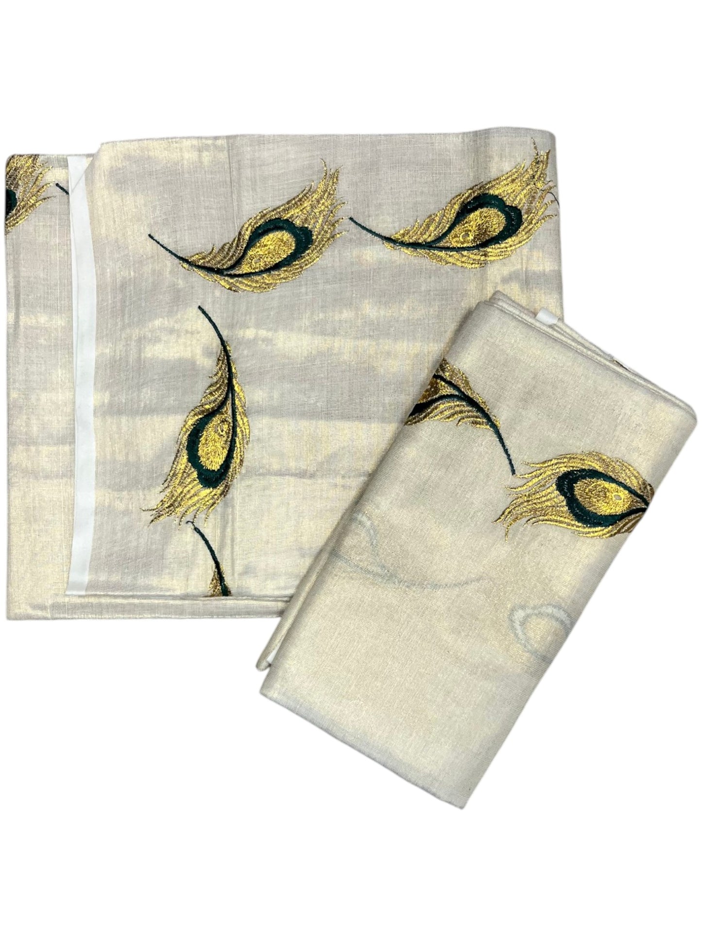 Southloom Kerala Tissue Kasavu Single Set Mundu (Mundum Neriyathum) Green and Golden Feather Embroidery Work
