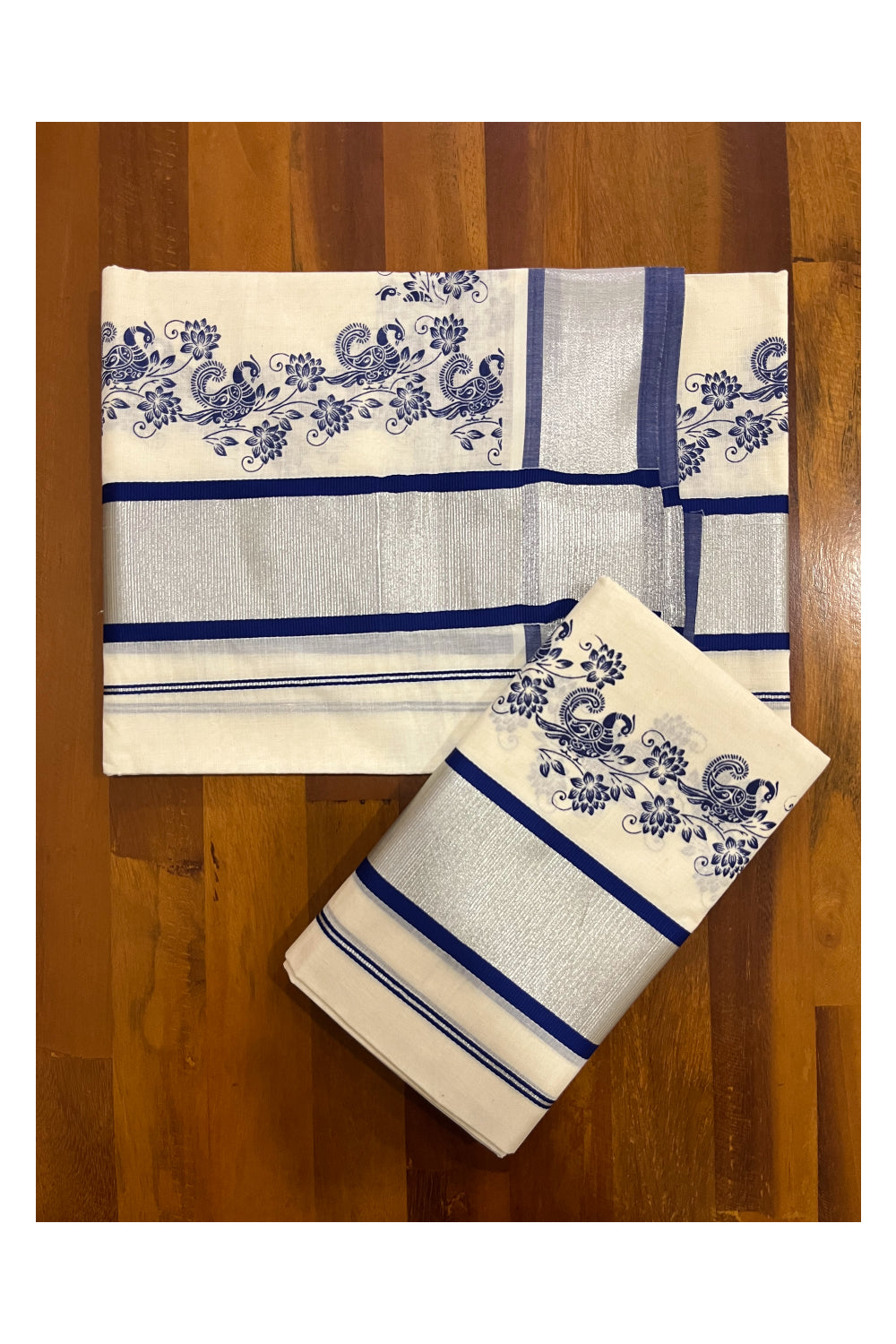 Pure Cotton Kerala Single Set Mundu (Mundum Neriyathum) with Blue Block Printed Silver Kasavu Border