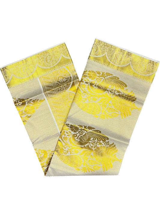 Southloom Cotton Kerala Kasavu Saree with Leaf and Peacock Woven Work on Body and Borders