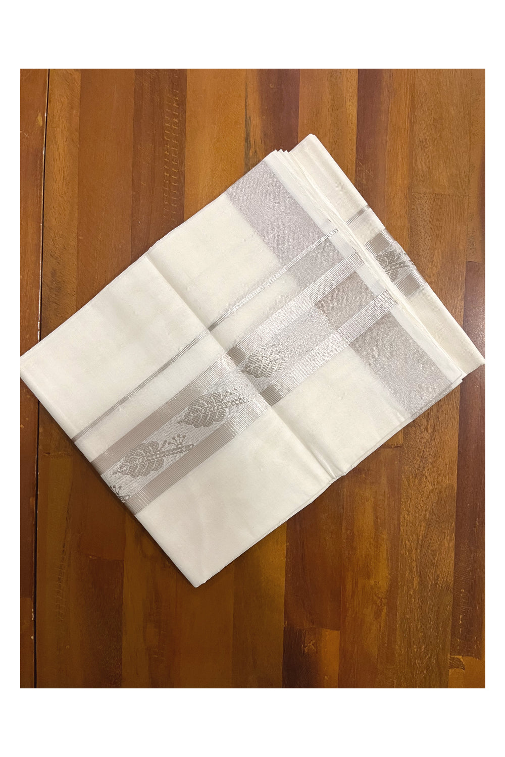 Southloom Premium Handloom Pure Cotton Mundu with Silver Kasavu Woven Border (Onam Mundu 2023)