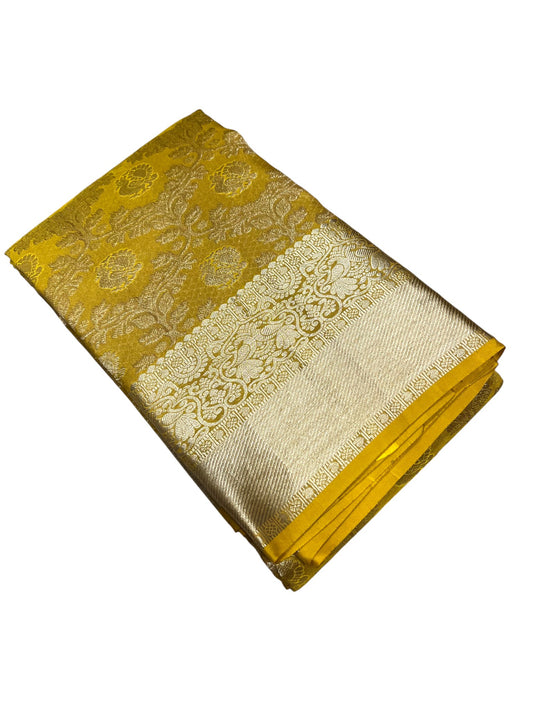 Southloom Pure Handloom Bridal Kanchipuram Silk Saree with Korvai Work (Yellow)