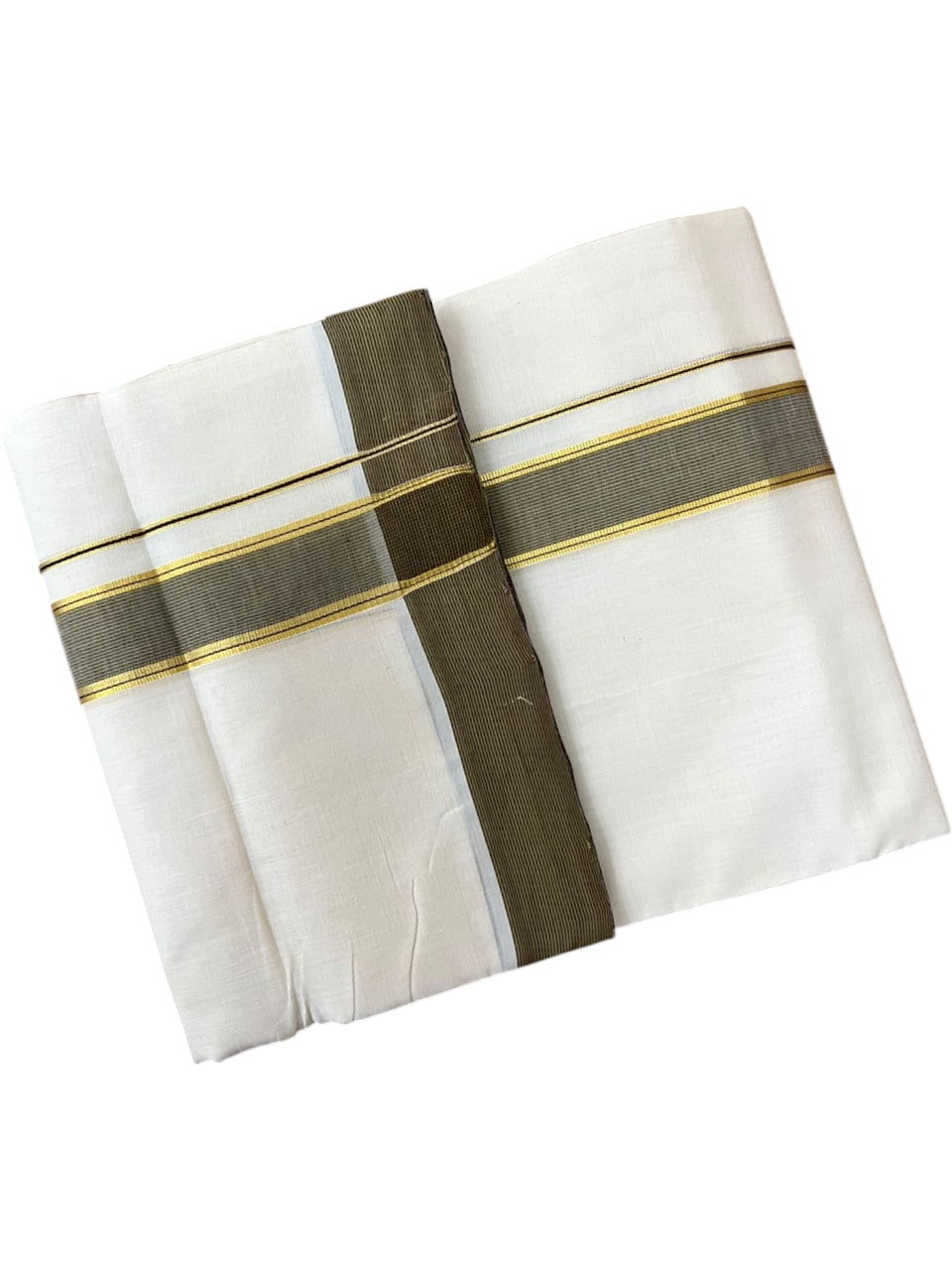 Southloom Balaramapuram Unakkupaavu Premium Handloom Cotton Double Mundu with Gold Kasavu and Purple & Mustard Yellow Border