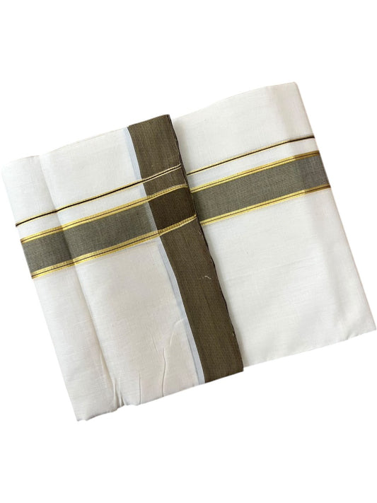 Southloom Balaramapuram Unakkupaavu Premium Handloom Cotton Double Mundu with Gold Kasavu and Purple & Mustard Yellow Border