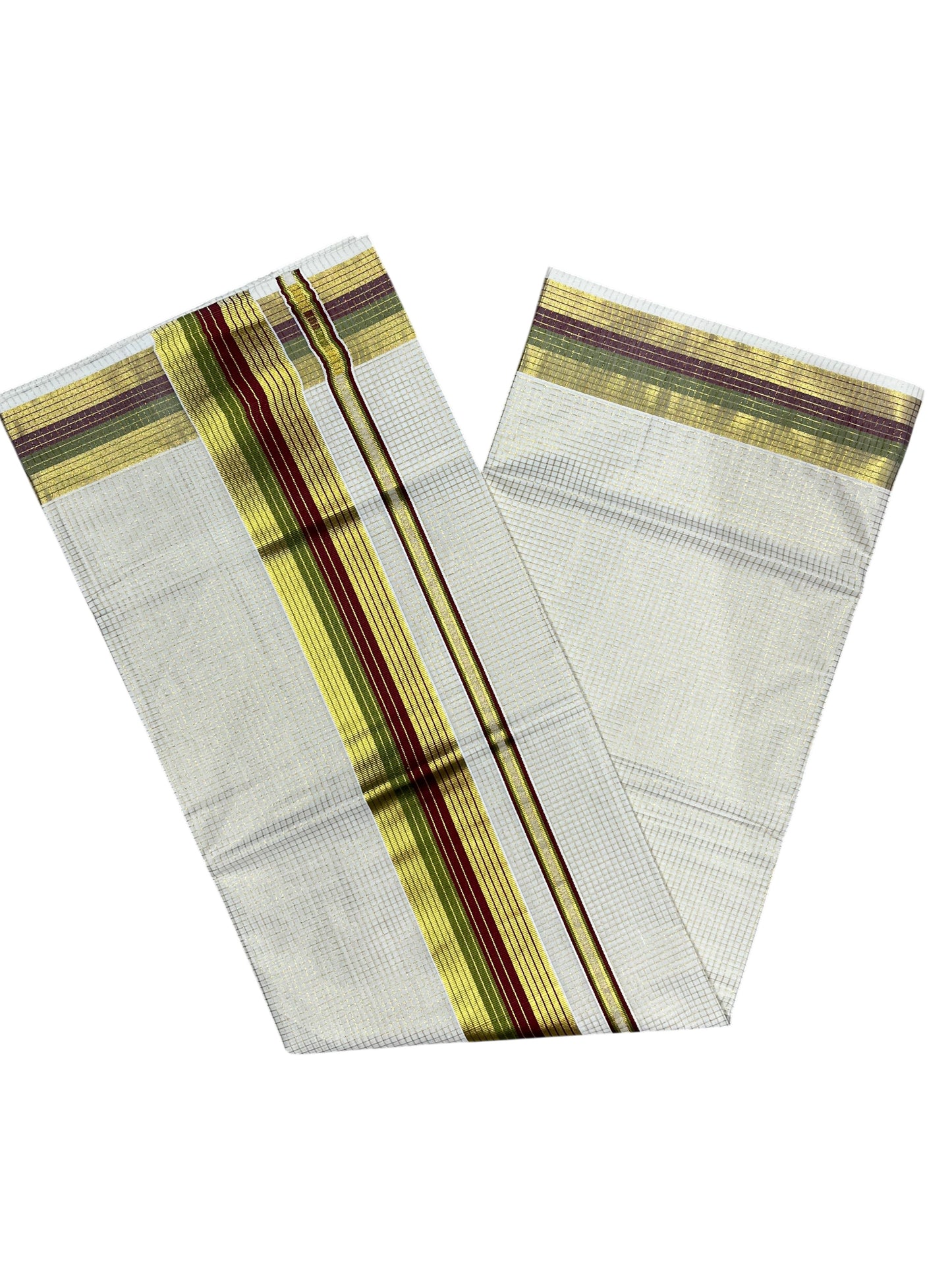 Southloom Kerala Cotton Kasavu Saree with Micro Check Design on Body in Maroon & Olive Green Border