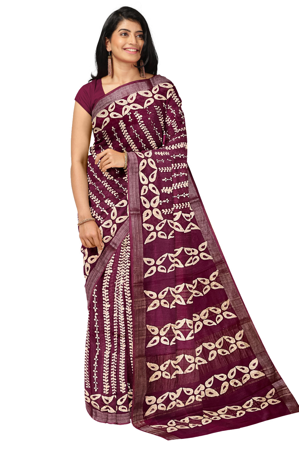 Southloom Linen Magenta Designer Saree with White Prints