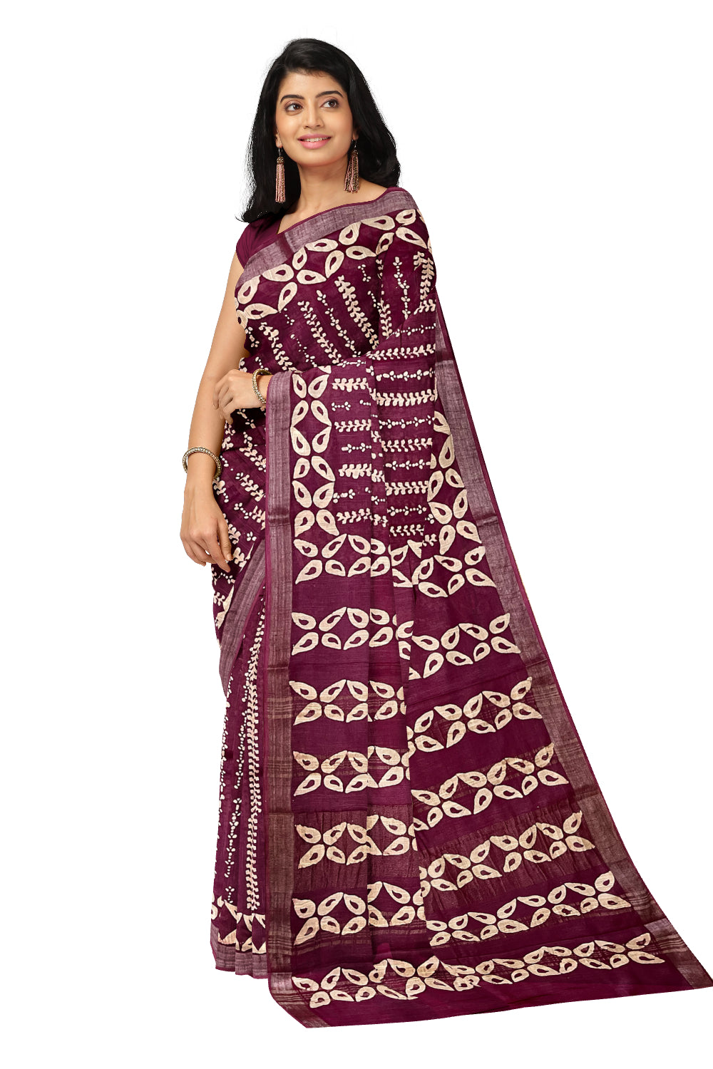 Southloom Linen Magenta Designer Saree with White Prints