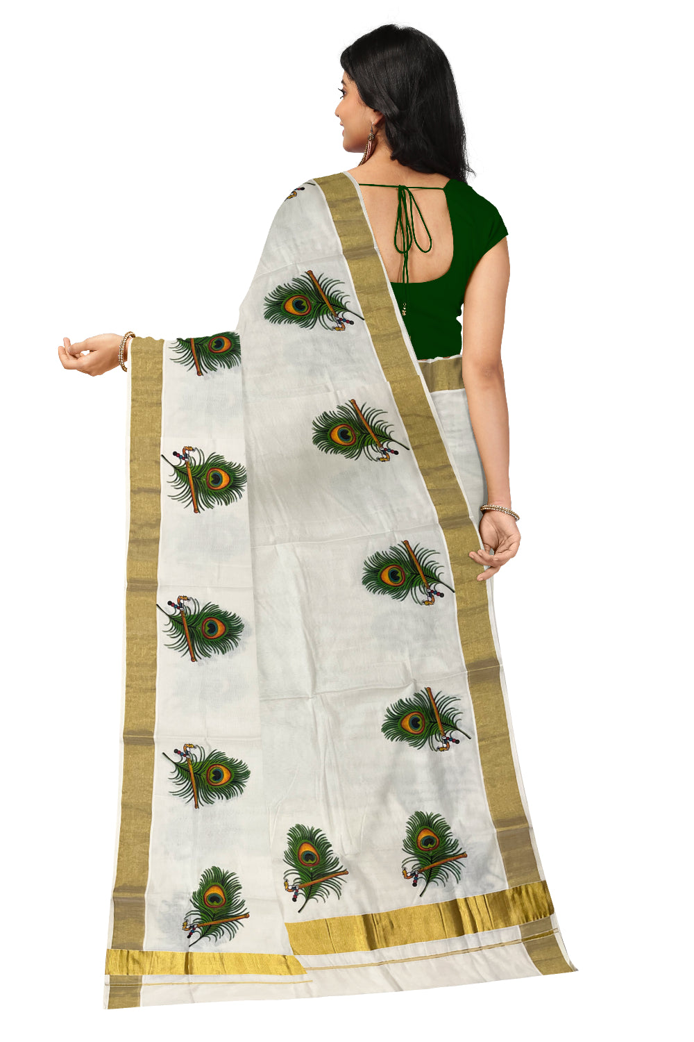 Pure Cotton Kerala Kasavu Saree with Feather and Flute Mural Prints on Border