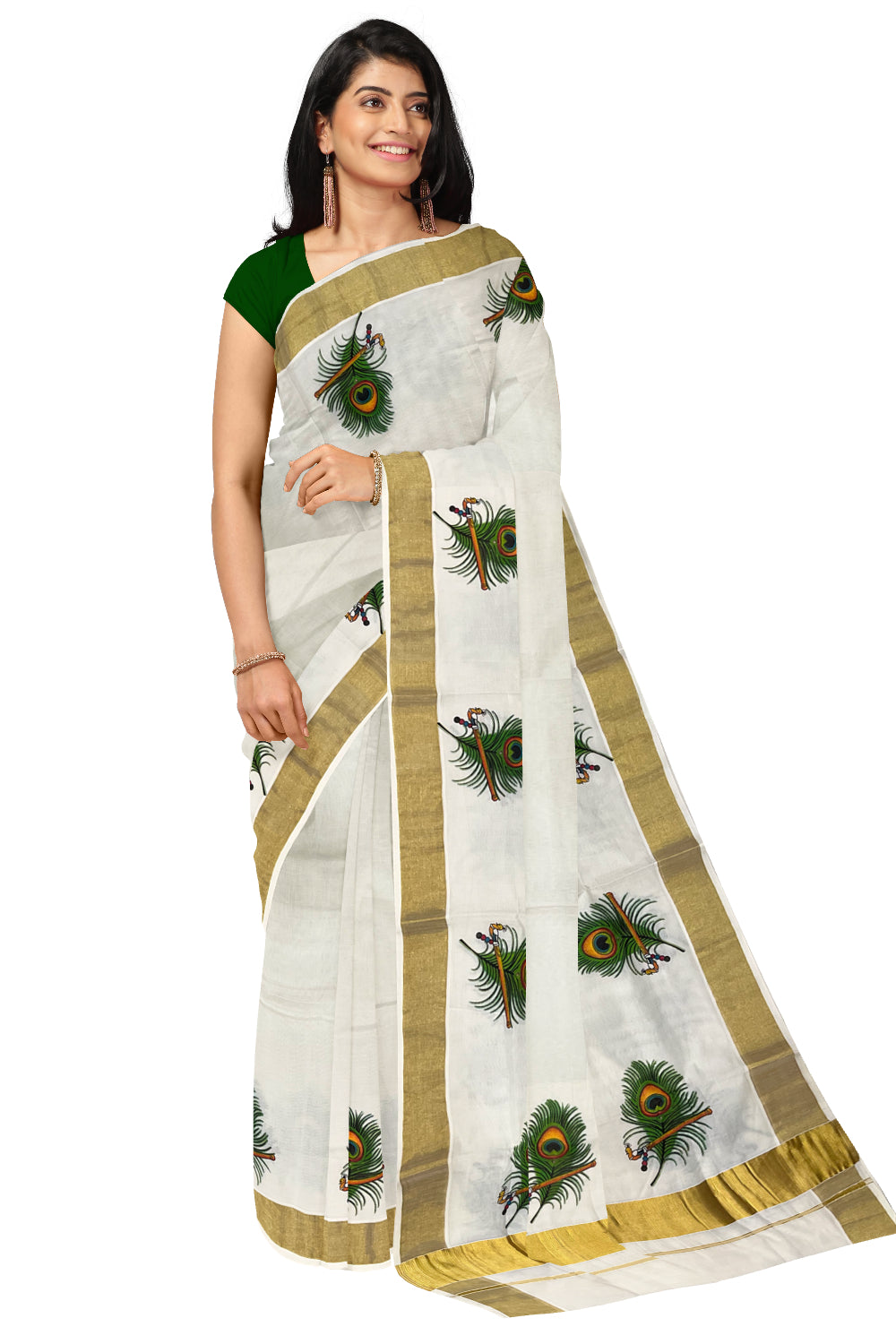 Pure Cotton Kerala Kasavu Saree with Feather and Flute Mural Prints on Border