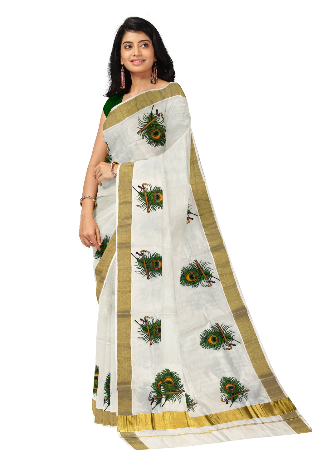 Pure Cotton Kerala Kasavu Saree with Feather and Flute Mural Prints on Border