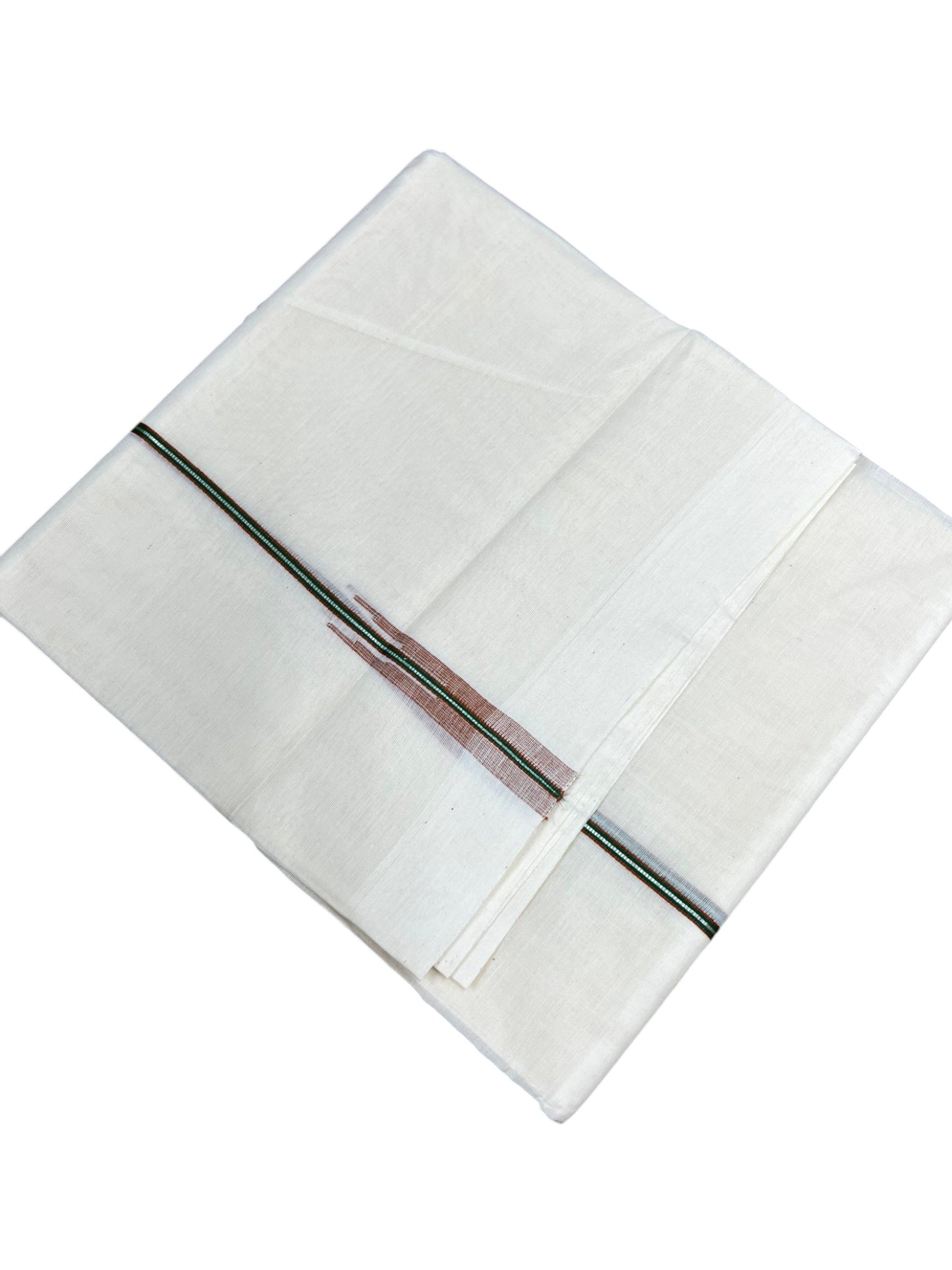 Kerala Pure Cotton Double Mundu with Brown & Green And Silver Chutti Kara (South Indian Kerala Dhoti)