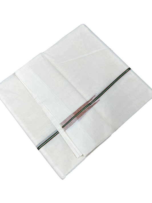 Kerala Pure Cotton Double Mundu with Brown & Green And Silver Chutti Kara (South Indian Kerala Dhoti)