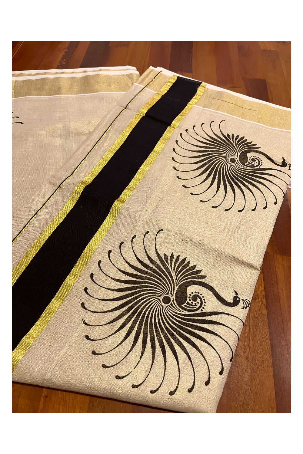 Kerala Tissue Kasavu Saree with Black Block Prints and Kasavu Border