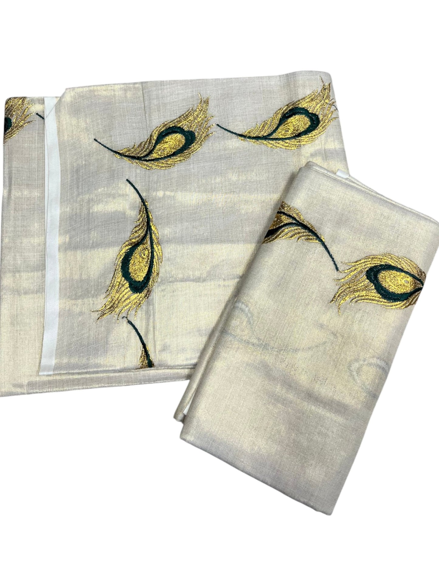 Southloom Kerala Tissue Kasavu Single Set Mundu (Mundum Neriyathum) Green and Golden Feather Embroidery Work
