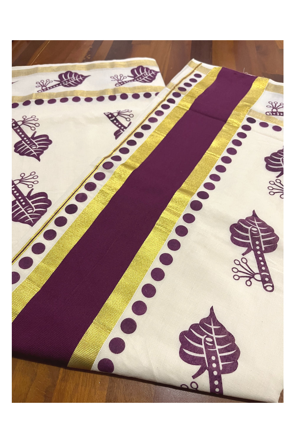 Pure Cotton Kerala Saree with Purple Block Printed Kasavu Border