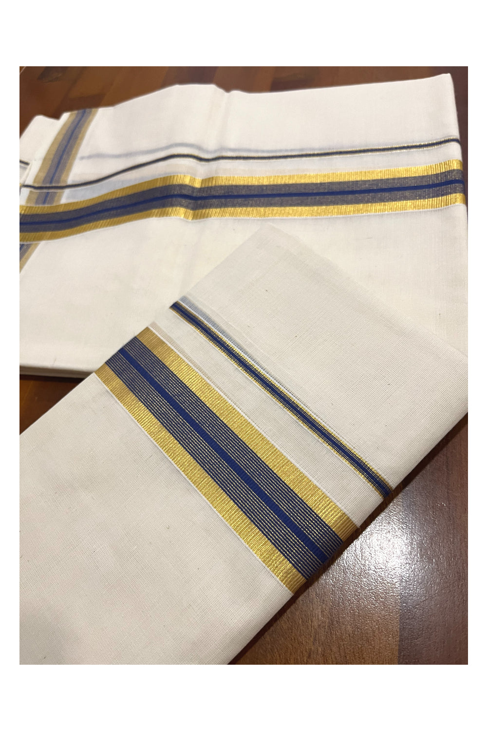 Pure Cotton Kerala Single Set Mundu (Mundum Neriyathum) with Blue and Kasavu Border 2.80 Mtrs (Onam Set Mundu 2023)