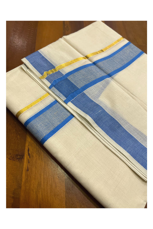 Kerala Pure Cotton Double Mundu with Blue and Kasavu Border (South Indian Kerala Dhoti)