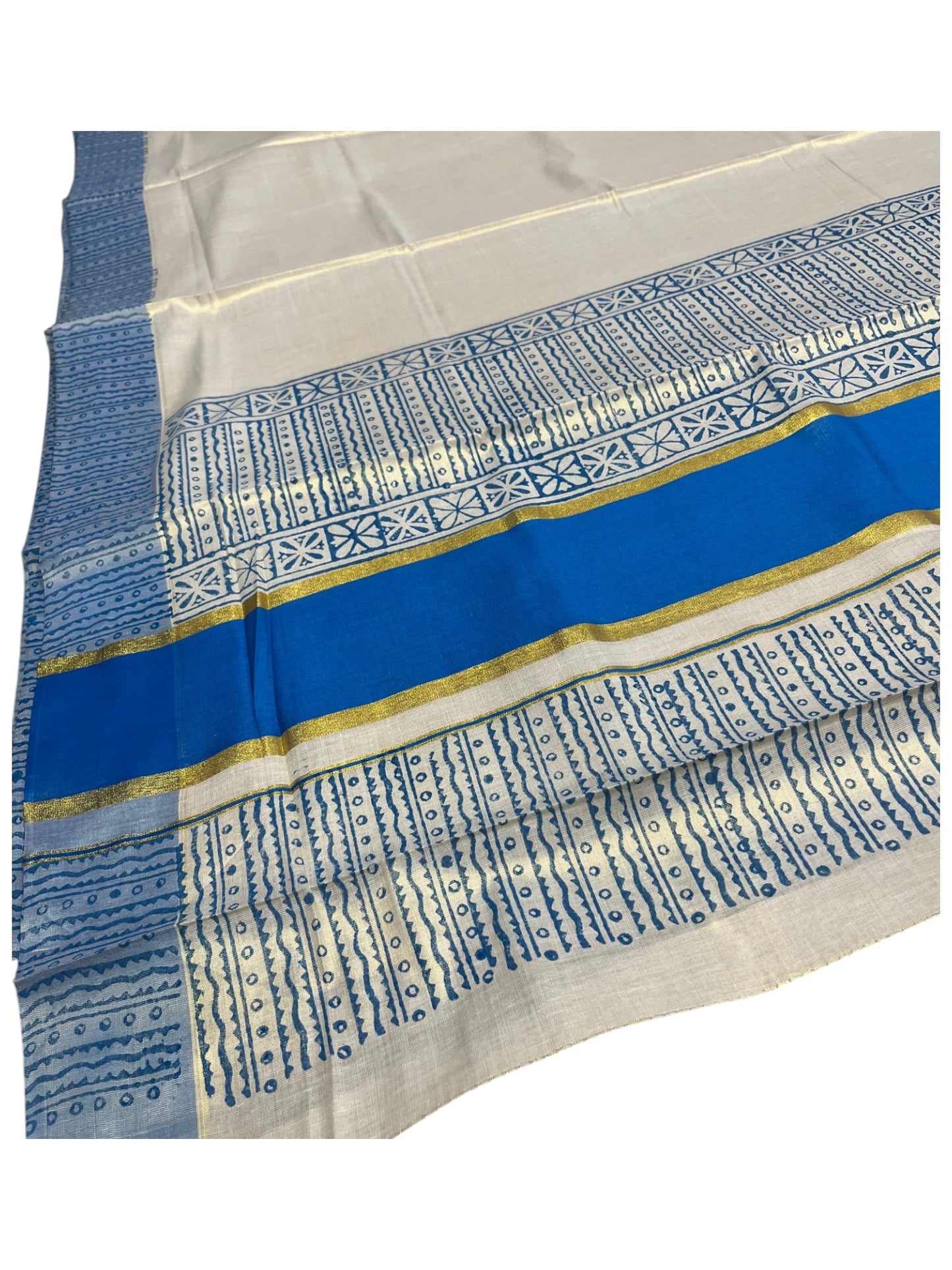 Southloom Tissue Kerala Kasavu Saree with Block Print on Body and Borders in Blue