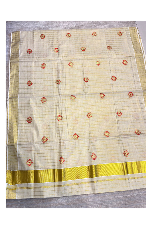Southloom Kerala Tissue Kasavu Check Saree with Red Floral Embroidery Works