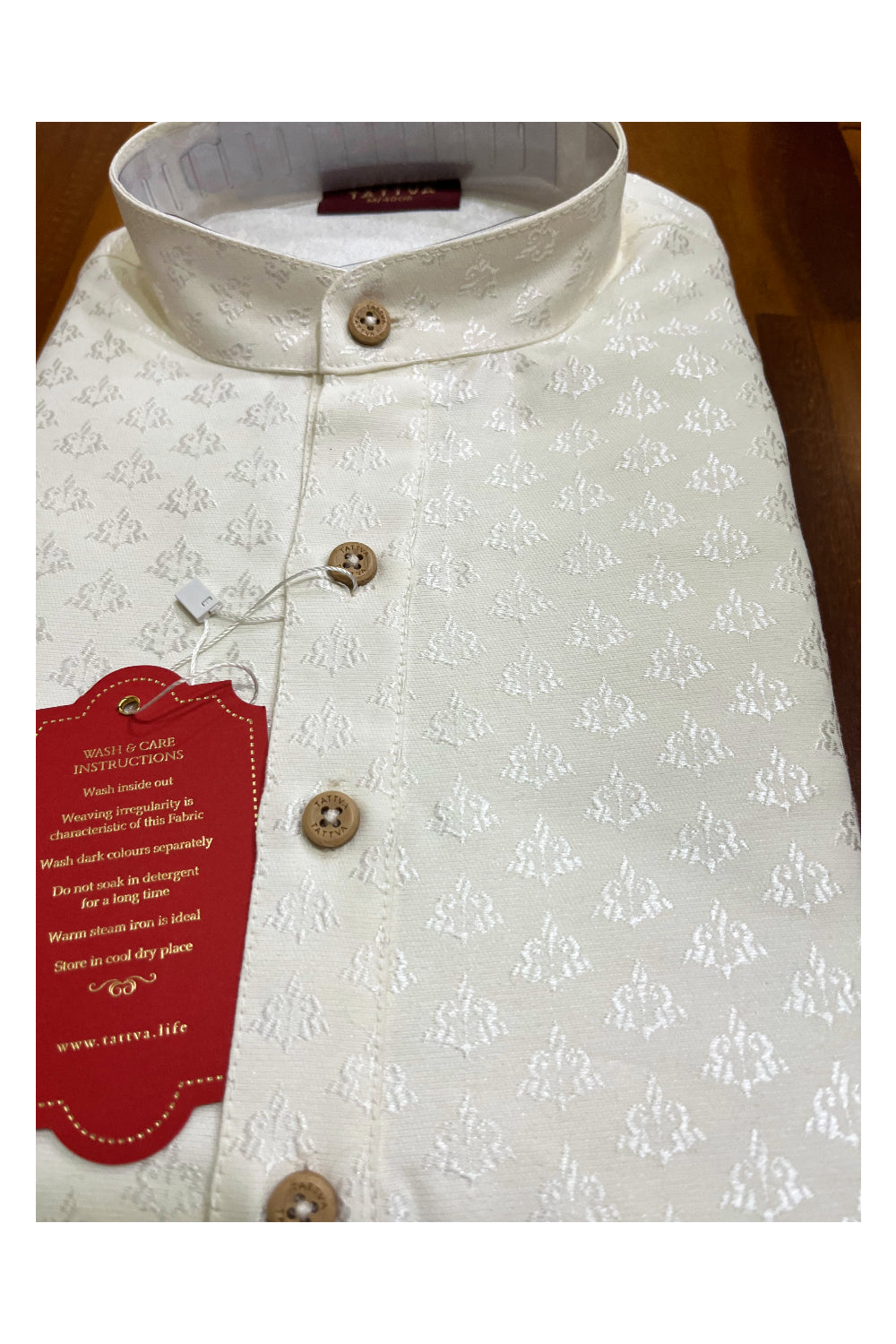 Southloom Off White Woven Designs Semi Silk Short Kurta for Men