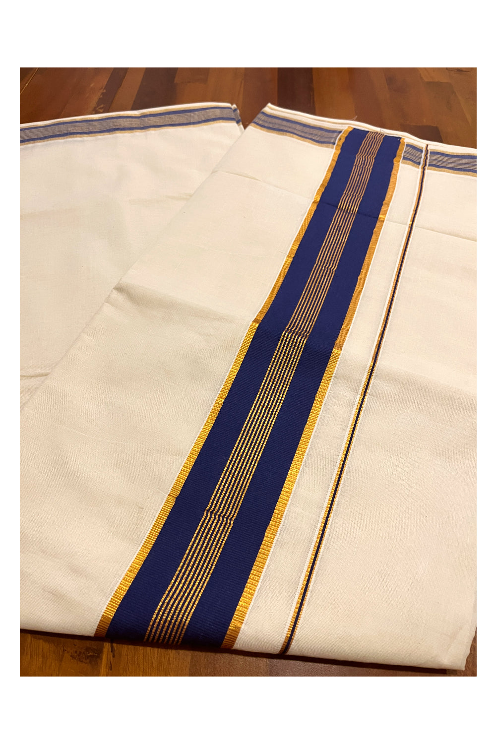 Cotton Kerala Plain Saree with Kasavu and Blue Border