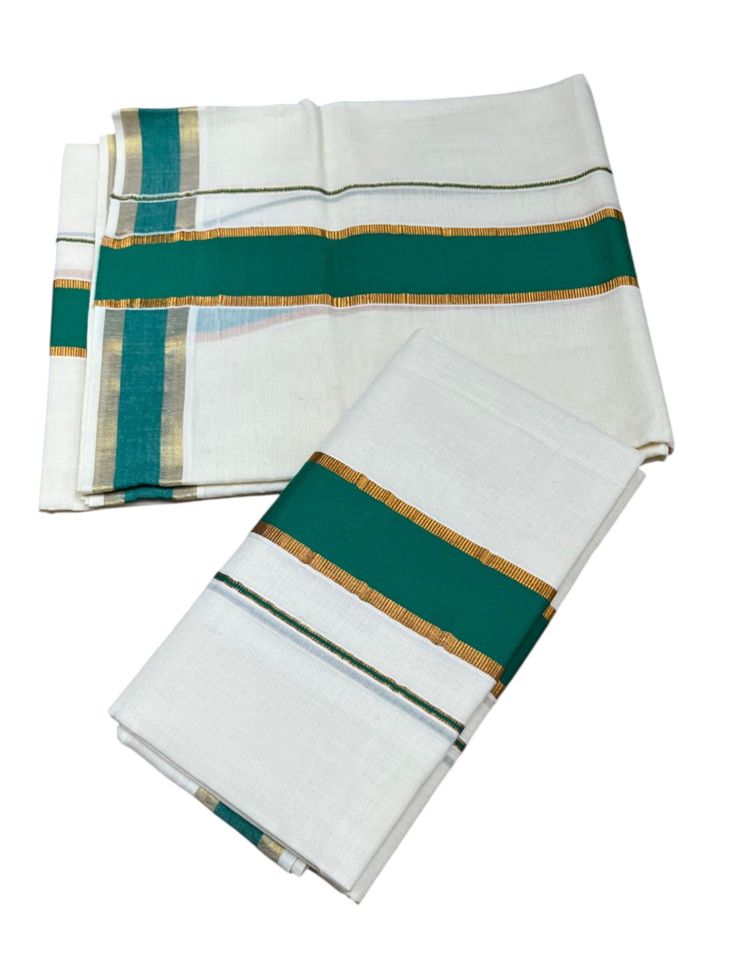 Kerala Cotton Single Set Mundu (Mundum Neriyathum) with Kasavu and  Green Border in 2.80 Mtrs