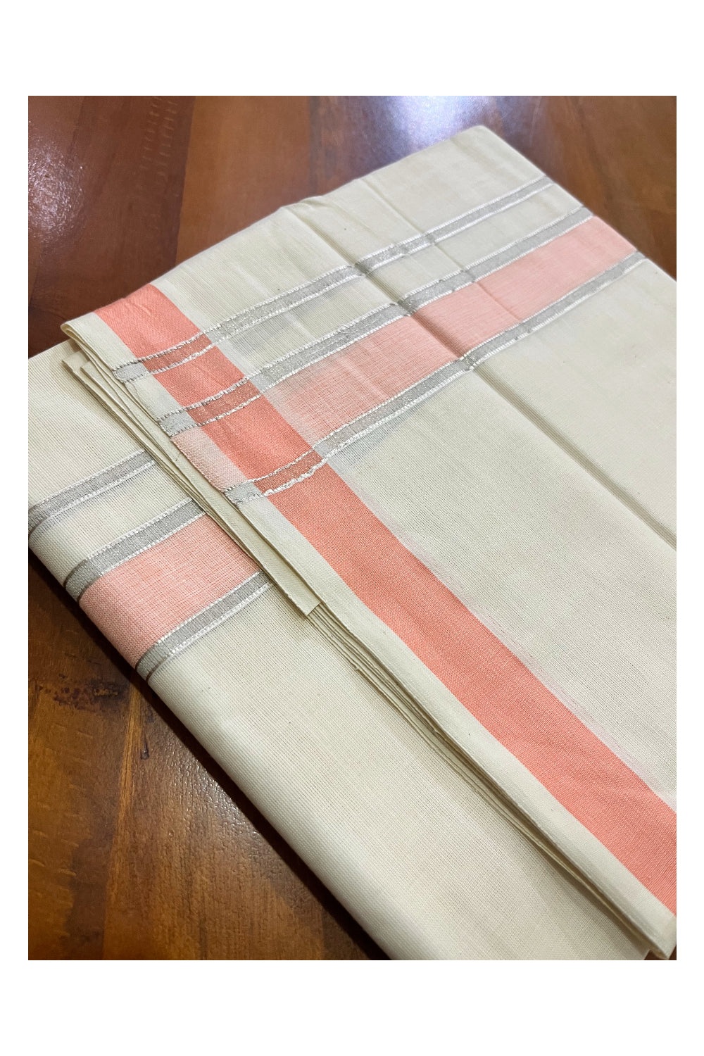 Pure Cotton Kerala Double Mundu with Silver Kasavu and Peach Border (South Indian Kerala Dhoti)