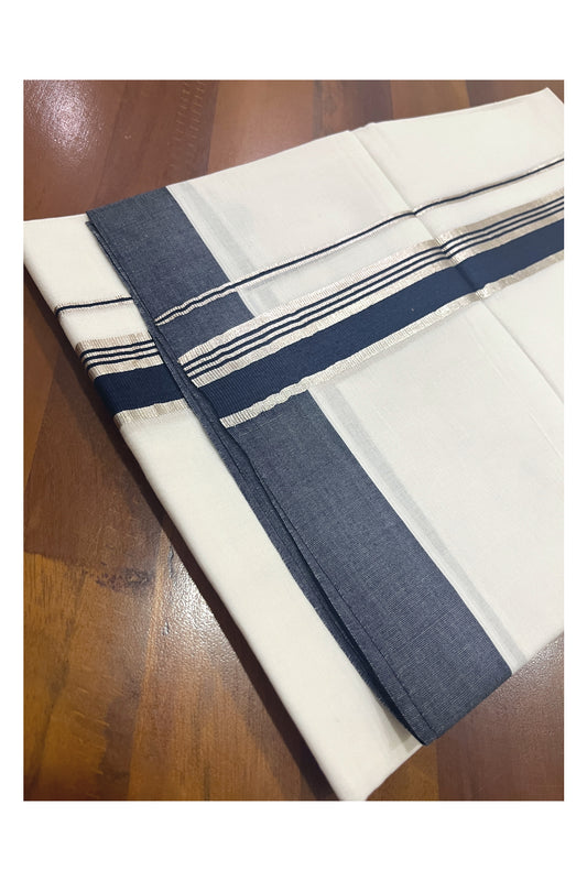 Pure White Cotton Double Mundu with Navy Blue and Silver Kasavu Border (South Indian Kerala Dhoti)