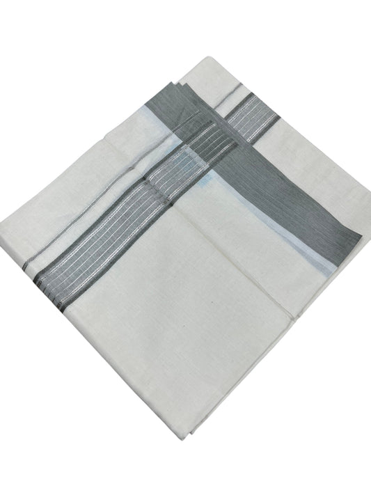 Southloom Kerala Pure Cotton Double Mundu with Silver Lines and Grey Border with (South Indian Dhoti)