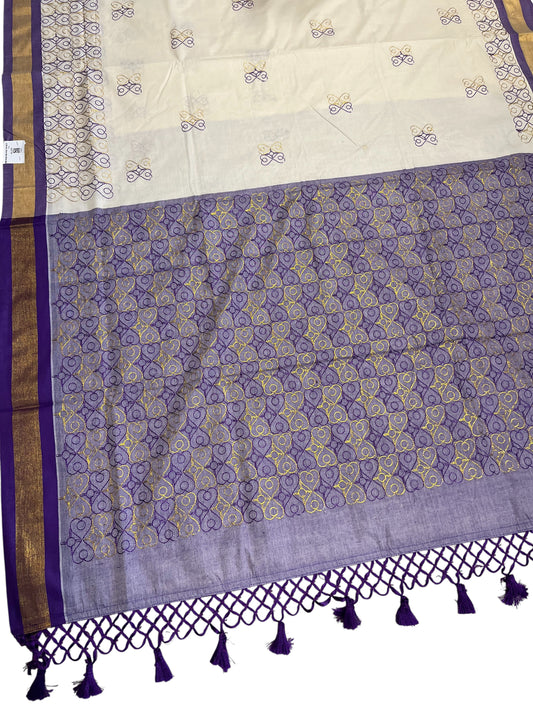 Southloom Kerala Cotton Saree with Violet and Golden Embroidery Works
