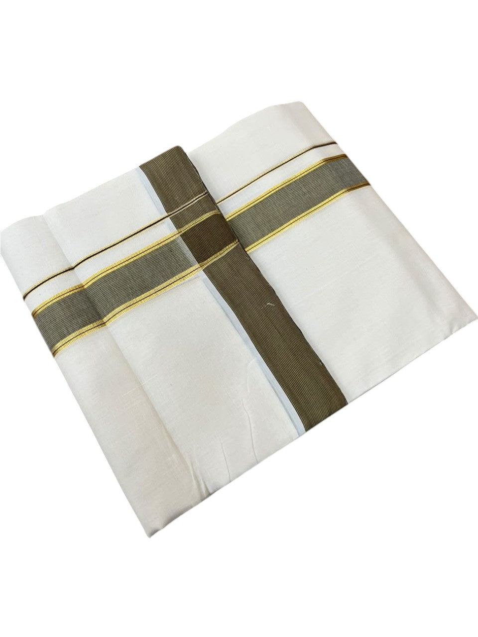 Southloom Balaramapuram Unakkupaavu Premium Handloom Cotton Double Mundu with Gold Kasavu and Purple & Mustard Yellow Border