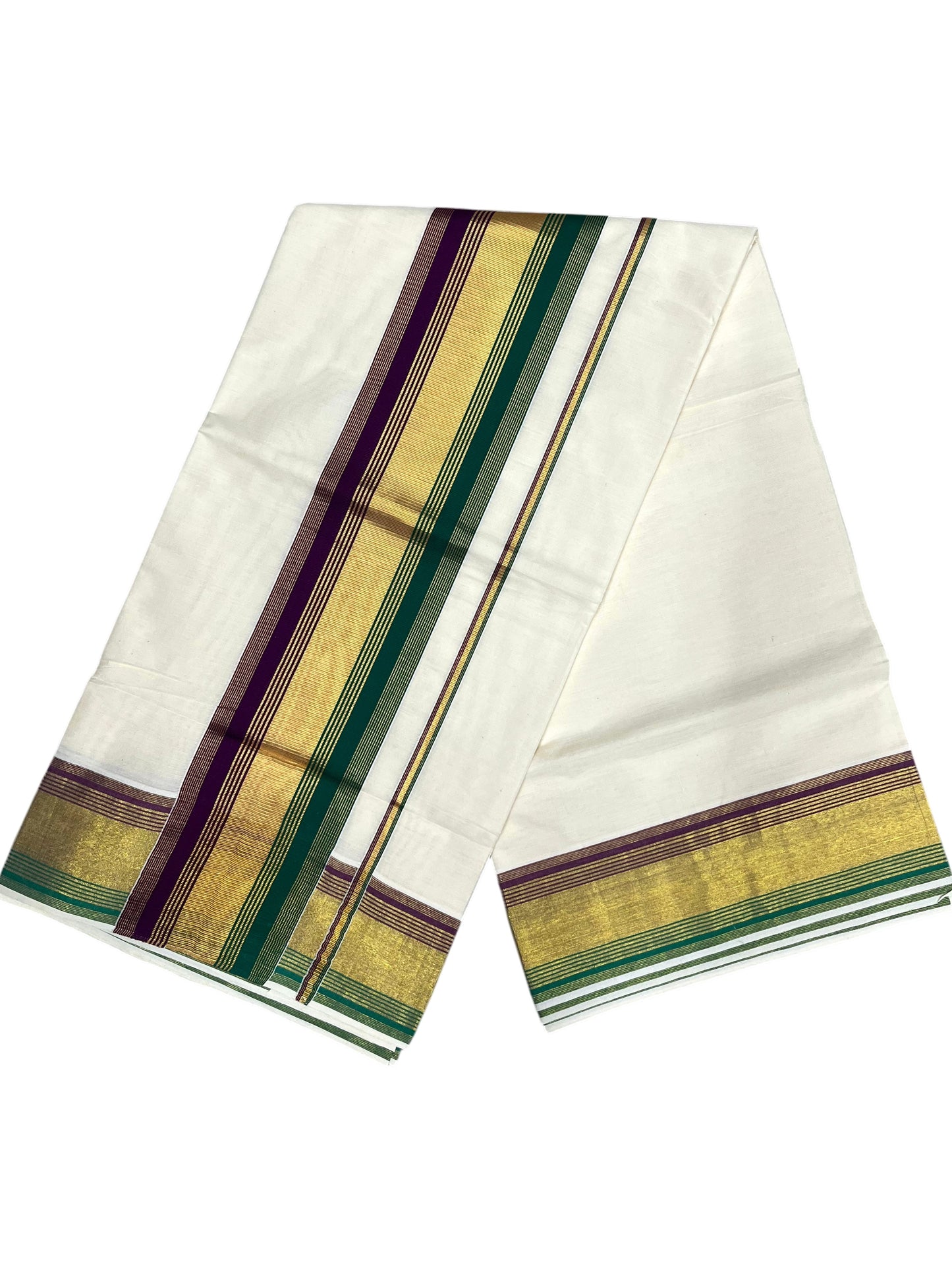 Southloom Kerala Cotton Kasavu Saree with Green And Purple Border