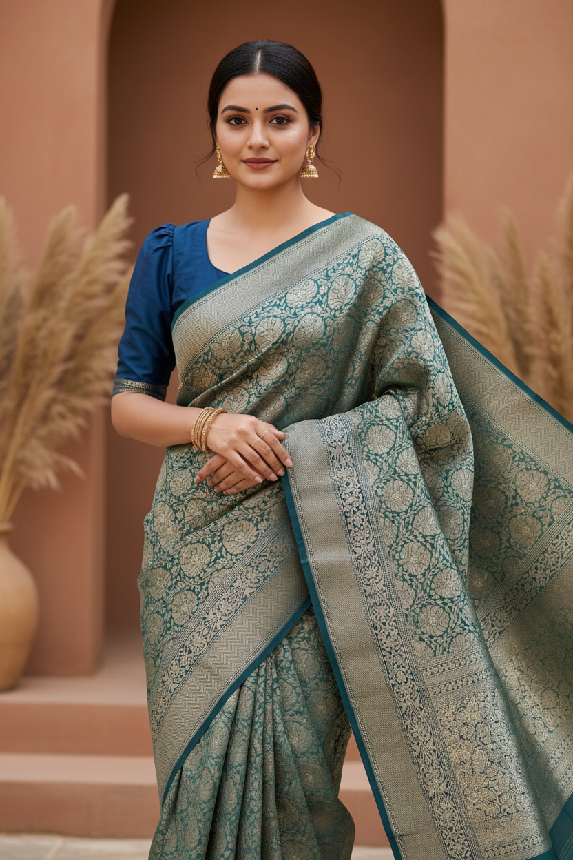 Southloom Pure Banarasi Silk Saree with Woven Work on Body and Borders (Blue)