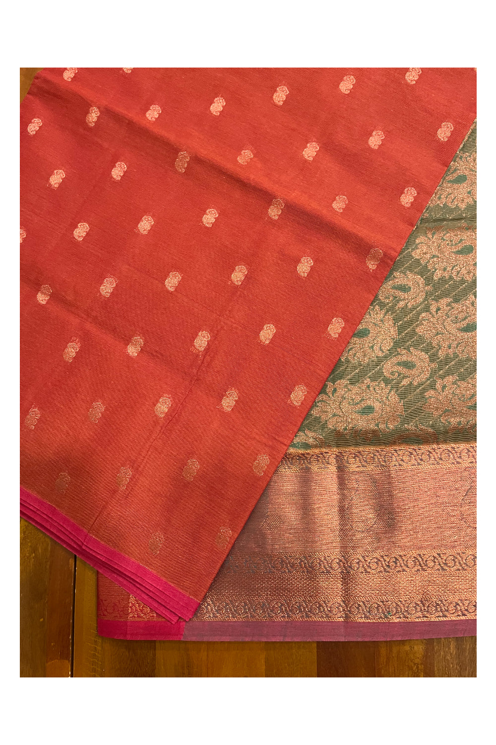 Southloom Cotto Brick Red Saree with Woven Butta Works on Body and Olive Green Pallu