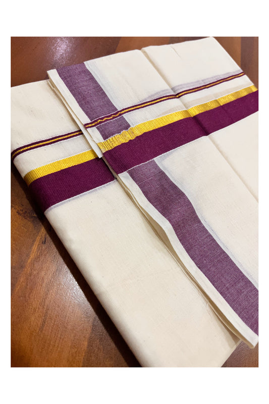 Pure Cotton Mundu with Purple and Kasavu Border (South Indian Kerala Dhoti)