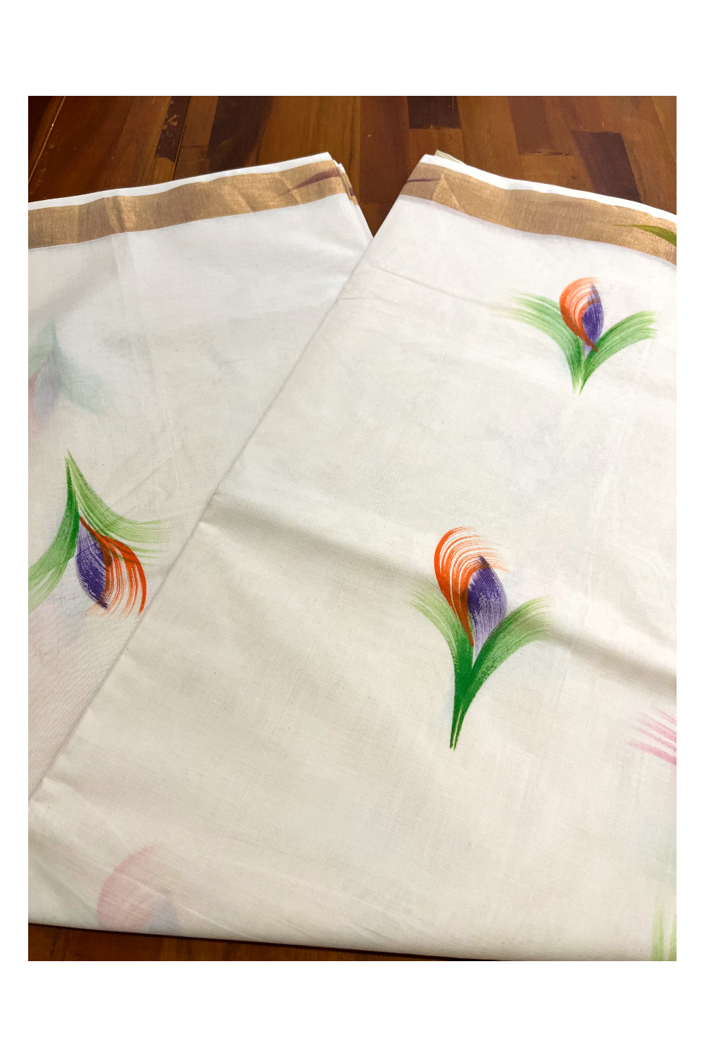 Kerala Cotton Kasavu Saree with Brush Painted Floral Designs