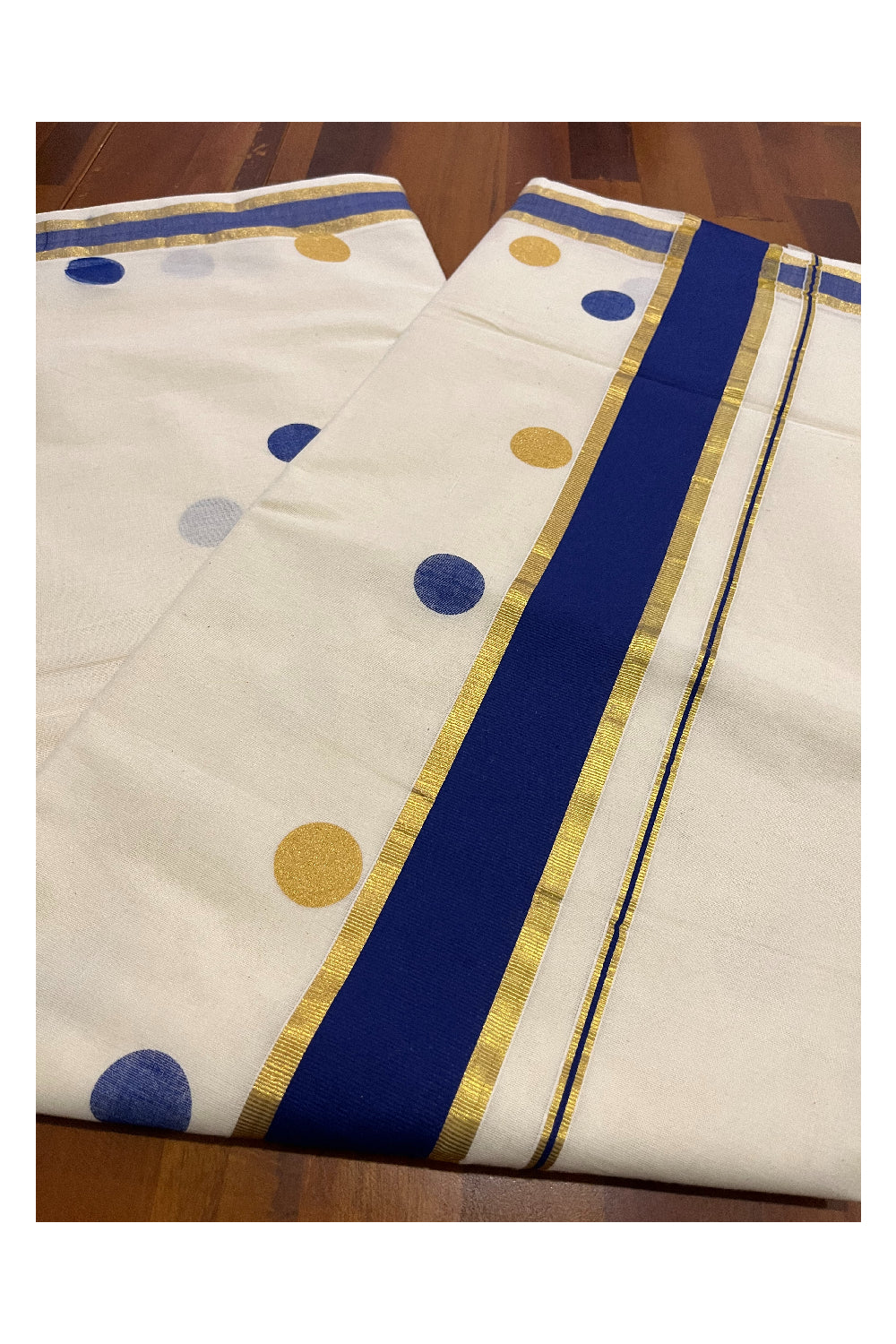 Pure Cotton Kerala Kasavu Saree with Golden and Blue Polka Prints on Body