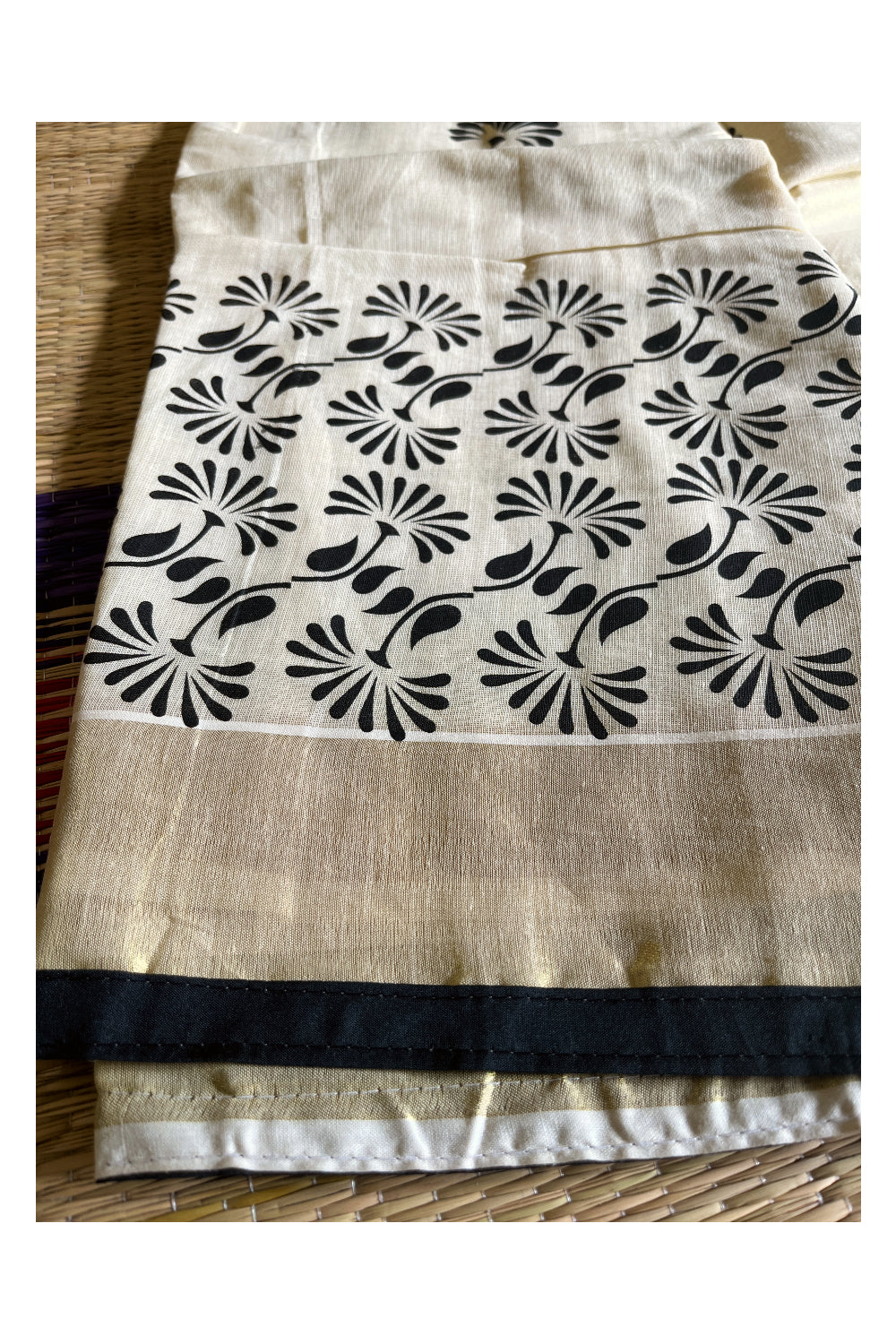 Semi Stitched Dhavani Set with Tissue Black Block Print Design Pavada and Black Bead Work Blouse Piece