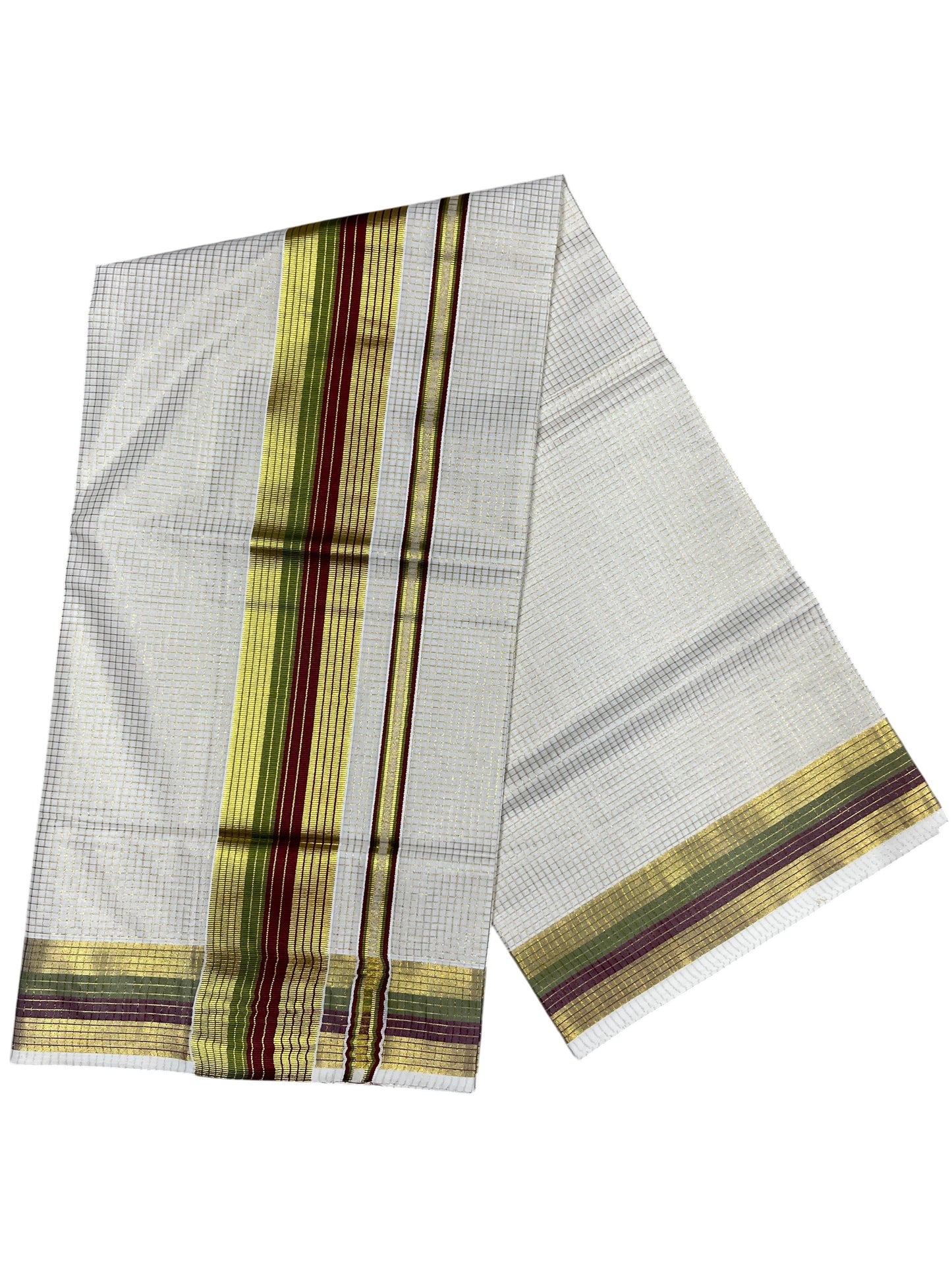 Southloom Kerala Cotton Kasavu Saree with Micro Check Design on Body in Maroon & Olive Green Border