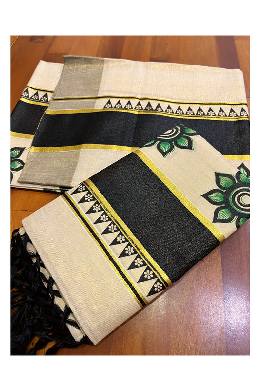 Kerala Tissue Single Set Mundu (Mundum Neriyathum) with Block Prints and Black Border 2.80 Mtrs (Vishu 2024 Collection)
