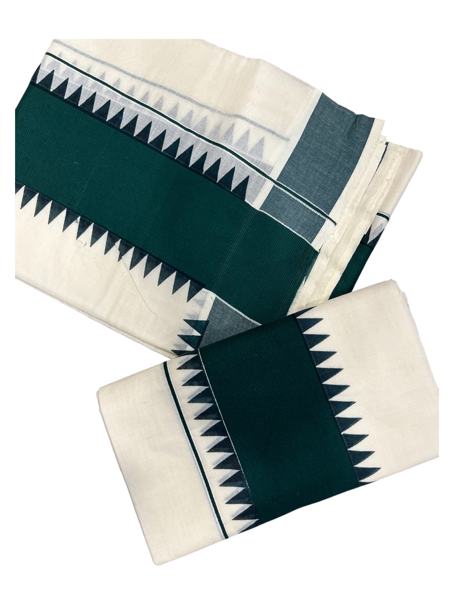 Kerala Pure Cotton Set Mundu Single (Mundum Neriyathum) with GreenTemple Border 2.80 Mtrs