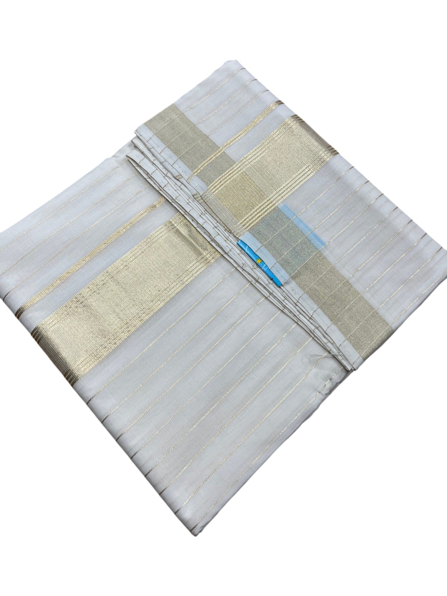 Southloom Premium Handloom Cotton Double Mundu with Gold Kasavu and Stripes on Body & Border