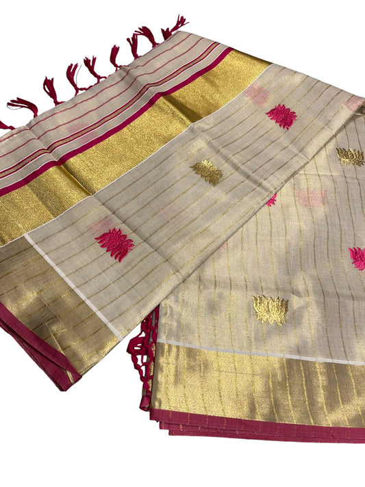 Southloom Kerala Tissue Kasavu Line Saree with Pink Lotus Embroidery Works