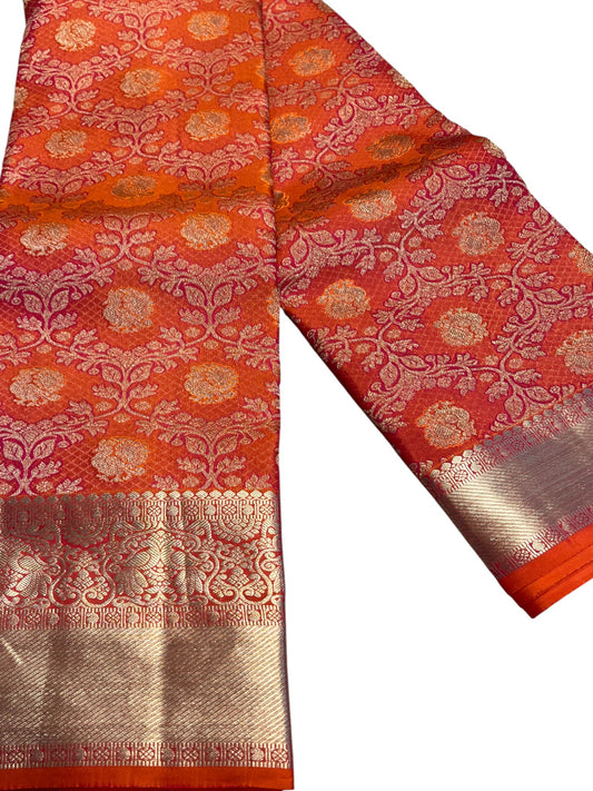 Southloom Premium Handloom Bridal Kanchipuram Silk Saree with Korvai Work (Orange)