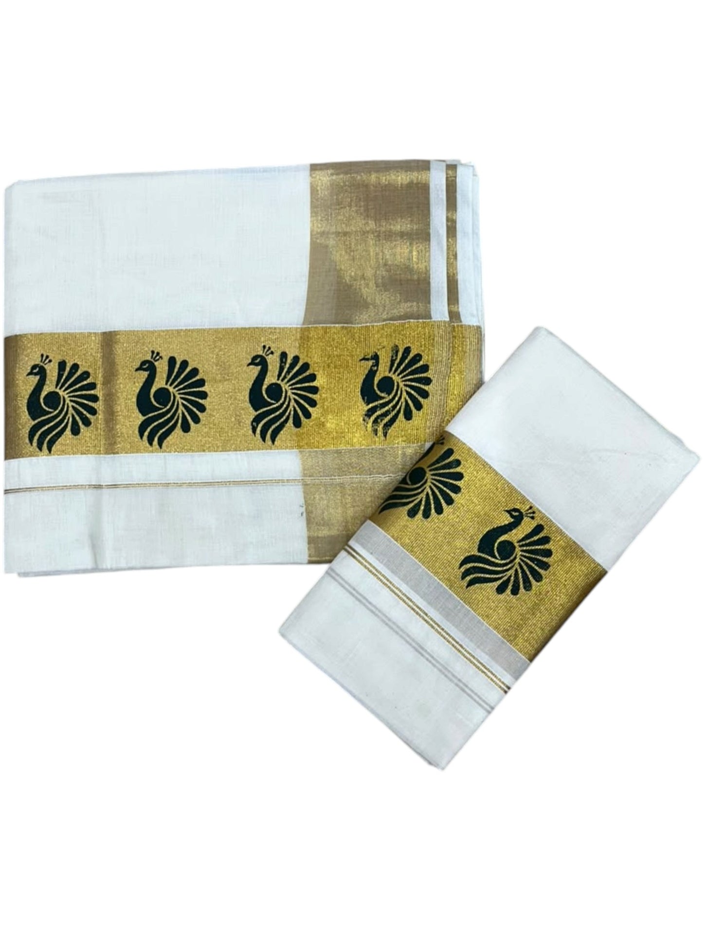 Southloom Pure Cotton Set Mundu with Gold Kasavu and Green Floral Digital Print in 2.80 Mtrs SL383