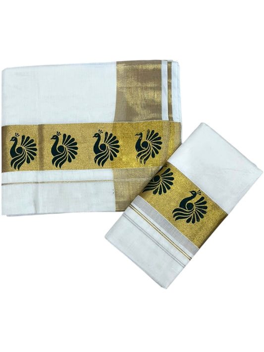 Southloom Pure Cotton Set Mundu with Gold Kasavu and Green Floral Digital Print in 2.80 Mtrs SL383