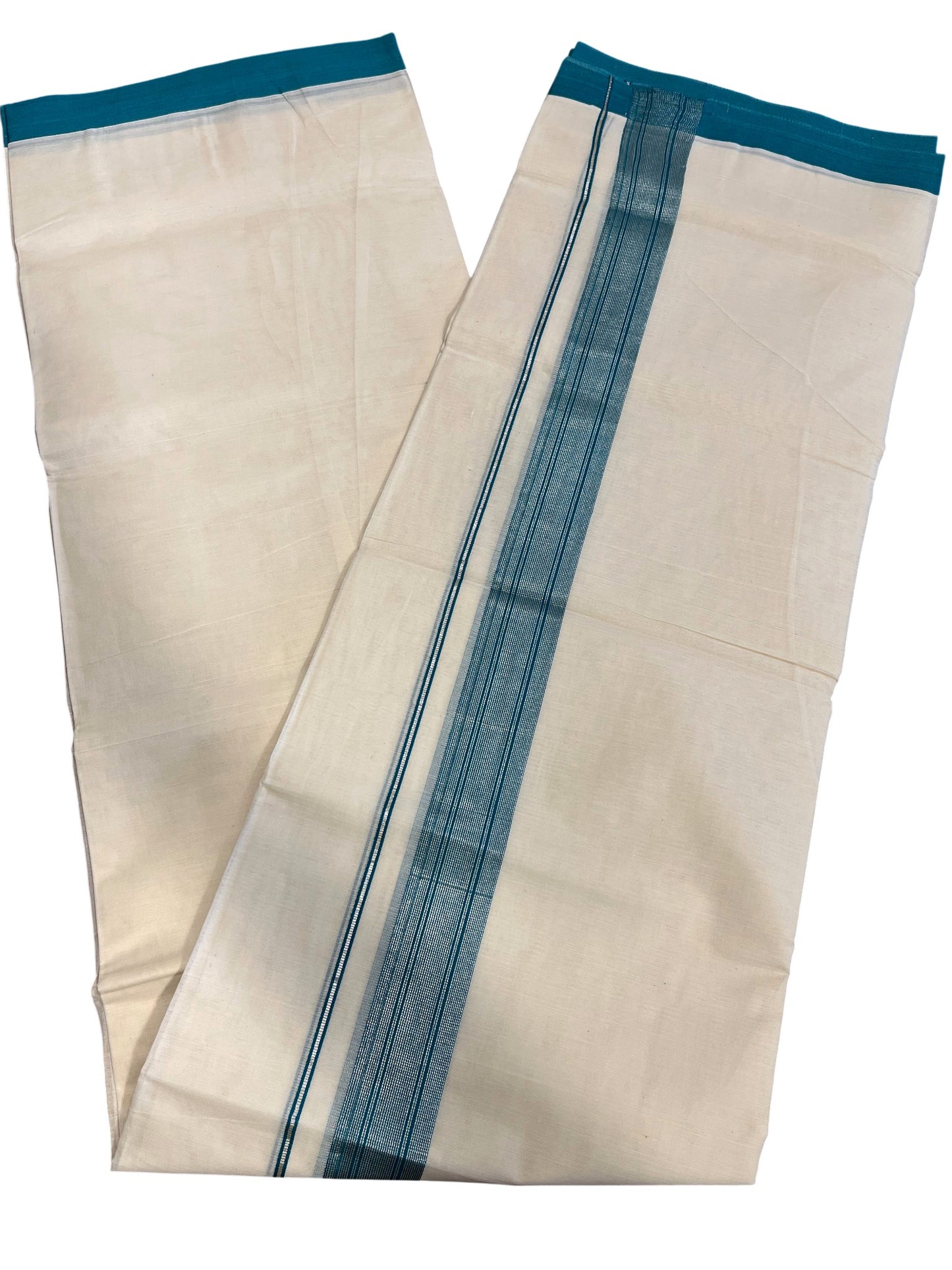 Southloom Kerala Pure Cotton Double Mundu with Silver Lines & Green Border (South Indian Dhoti)