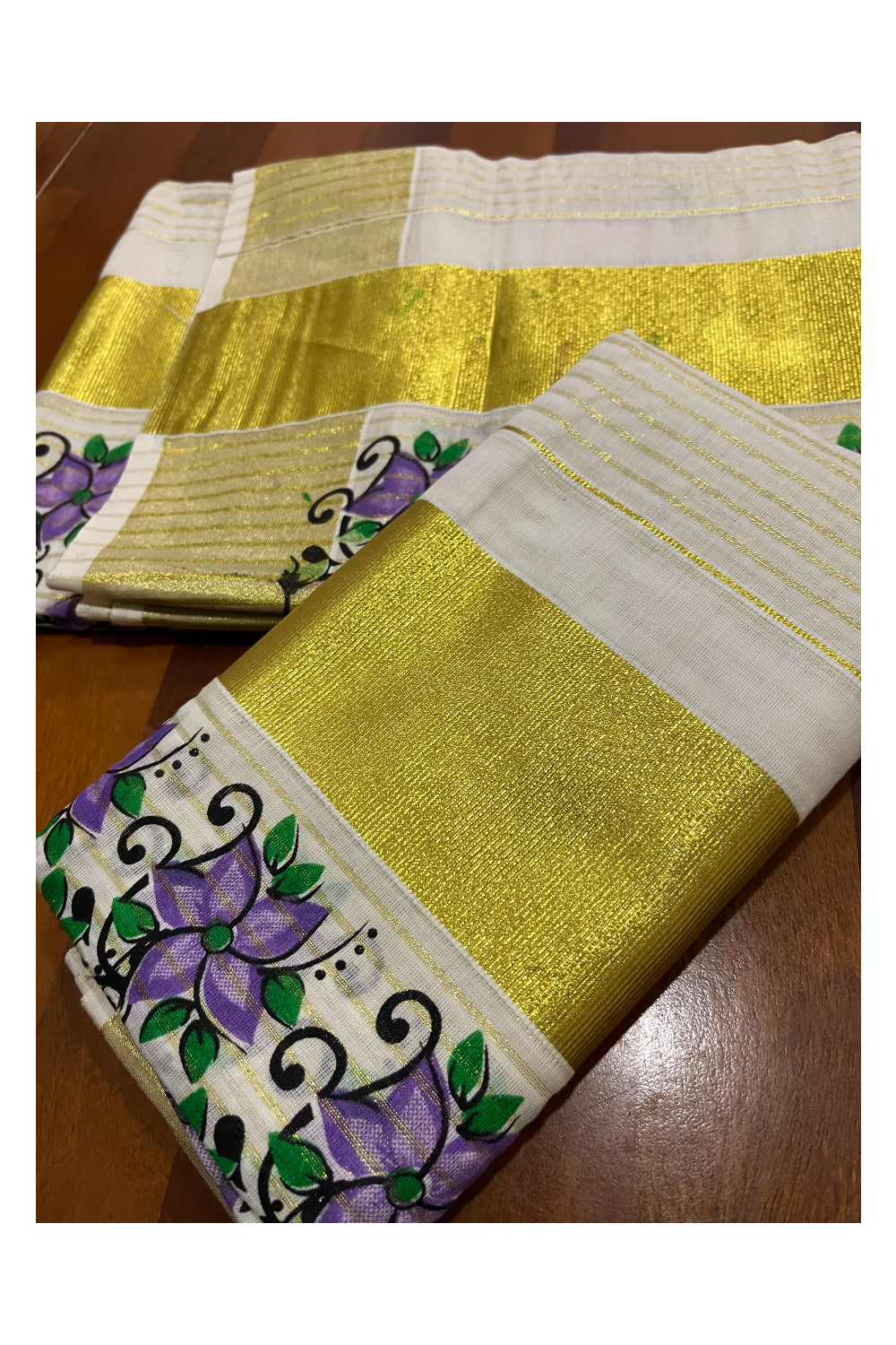 Kerala Cotton Set Mundu (Mundum Neriyathum) with Kasavu Lines Design on Body and Violet Block Printed Border 2.80 Mtrs (Onam Set Mundu 2023)